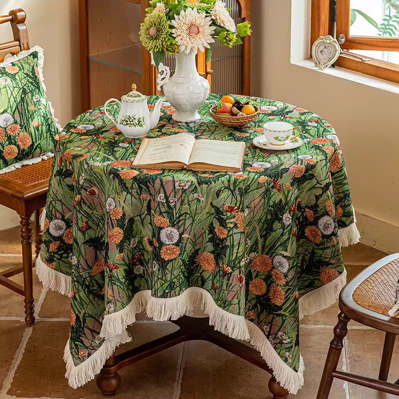新品油画风复古圆桌布餐桌布高级提花流苏氛围感装饰台布防尘盖布