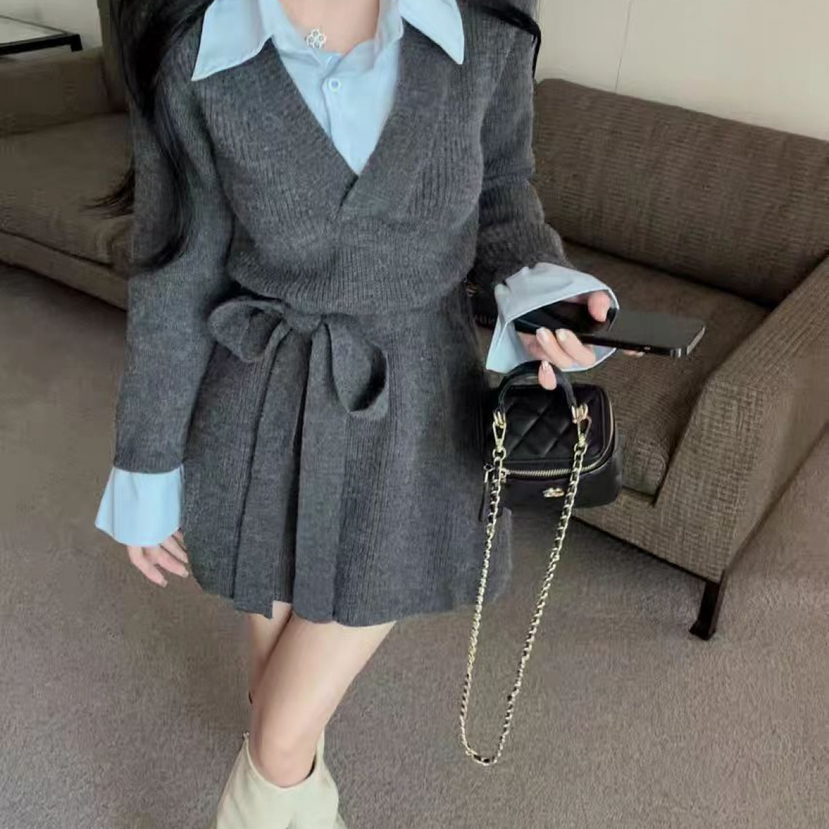 设计感衬衫领拼接假两件针织衫连衣裙女秋冬宽松系带中长款毛衣裙