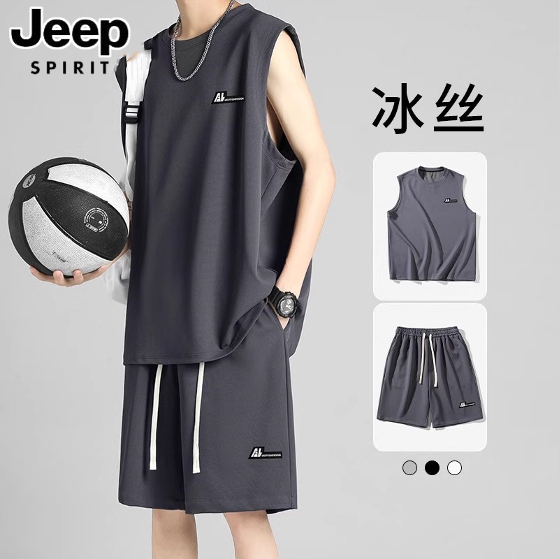 jeep吉普速干运动套装男夏季背心短裤男士无袖t恤休闲坎肩男款