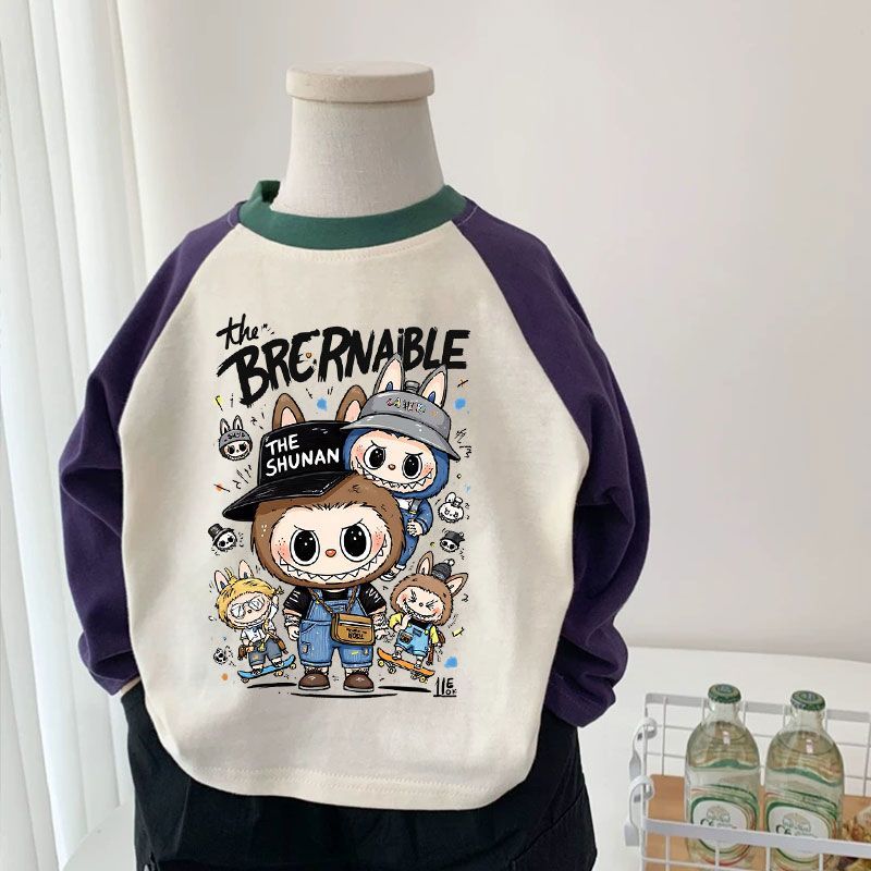 拉布布长袖t恤儿童上衣卡通秋季Labubu男女童宝宝紫色打底衫T恤衫