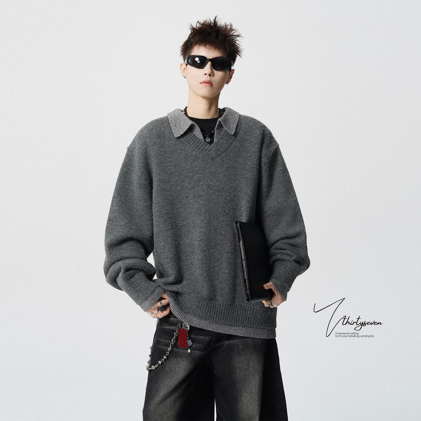 V37老风灰色假两件V领针织毛衣男秋美式氛围感软糯舒适线衫外套