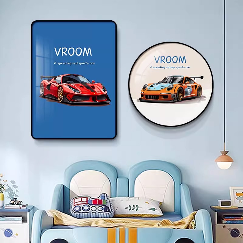 汽车卡通儿童房装饰画男孩卧室床头挂画背景墙面壁画电竞房间装饰