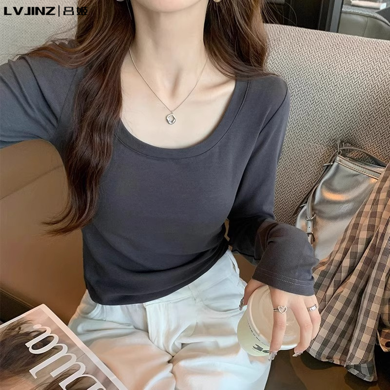 灰色内搭长袖上衣女2025年新款早秋薄款u领t恤纯棉修身显瘦打底衫