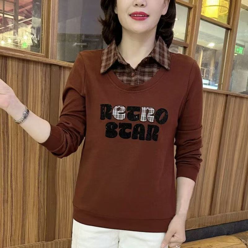 2025春秋新款格子拼接妈妈卫衣洋气两件时尚字母韩版宽松长袖顺