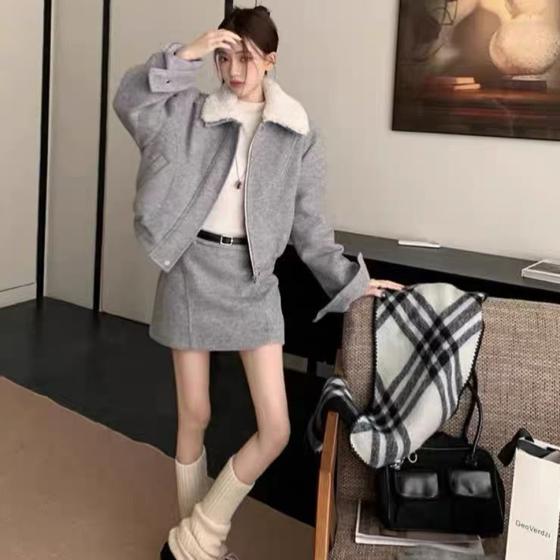 秋冬新款韩系慵懒风白鸭绒混色定染毛呢套装女高级感