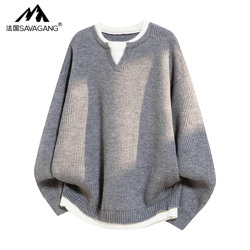 法国加厚毛衣男款秋冬百搭老钱风半高领打底男士假两件针织衫毛衣
