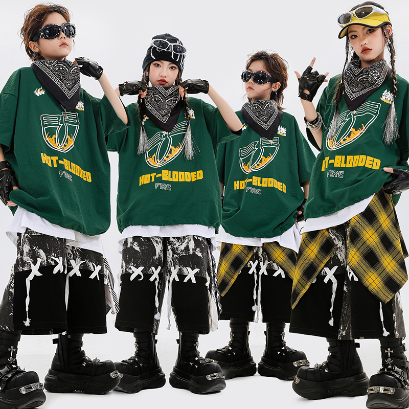 hiphop街舞童装嘻哈儿童潮服U燃舞蹈服套装男童女童潮装演出服夏