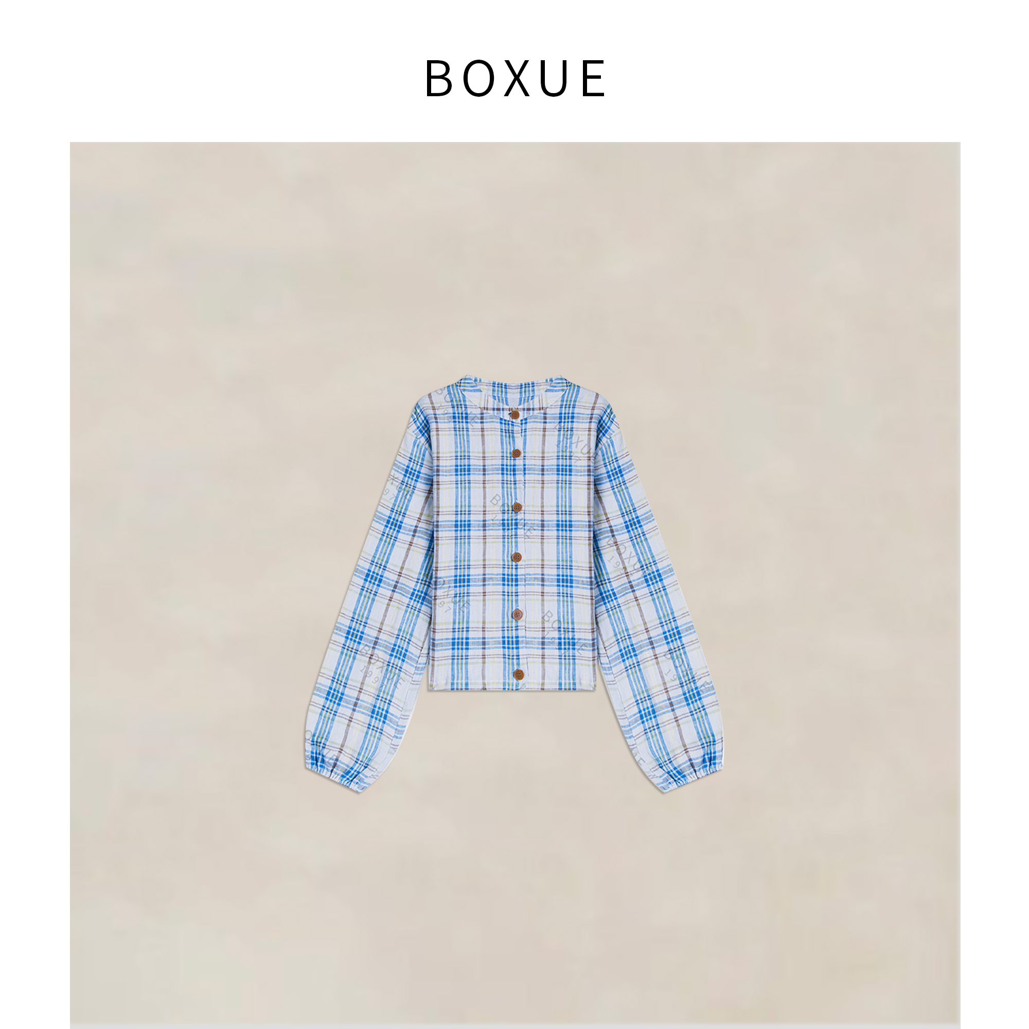 BOXUE“赫本蓝格”2025春季新款高级100麻轻奢格子衬衫 #250113CS36