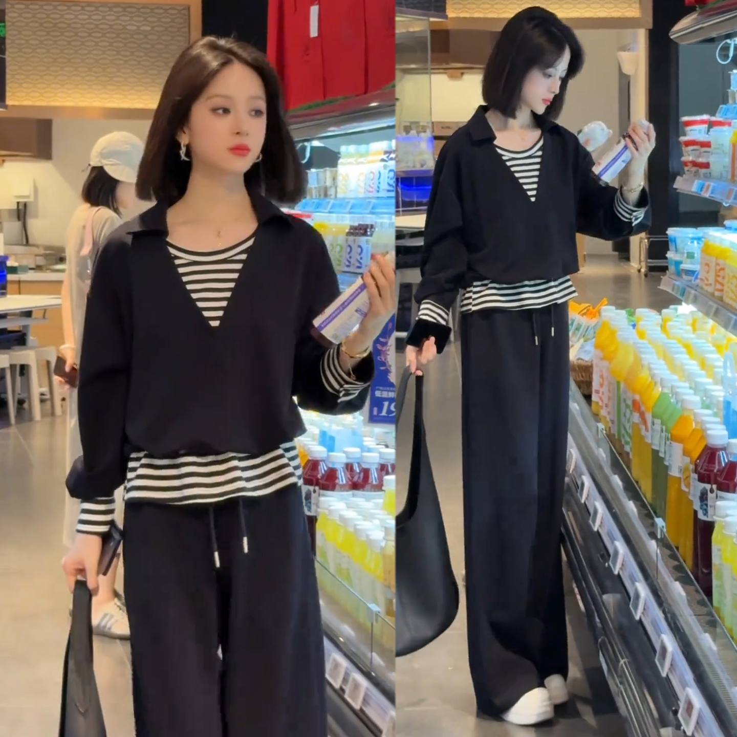 时尚休闲套装女2025秋季新款洋气条纹拼接假两件上衣阔腿裤两件套