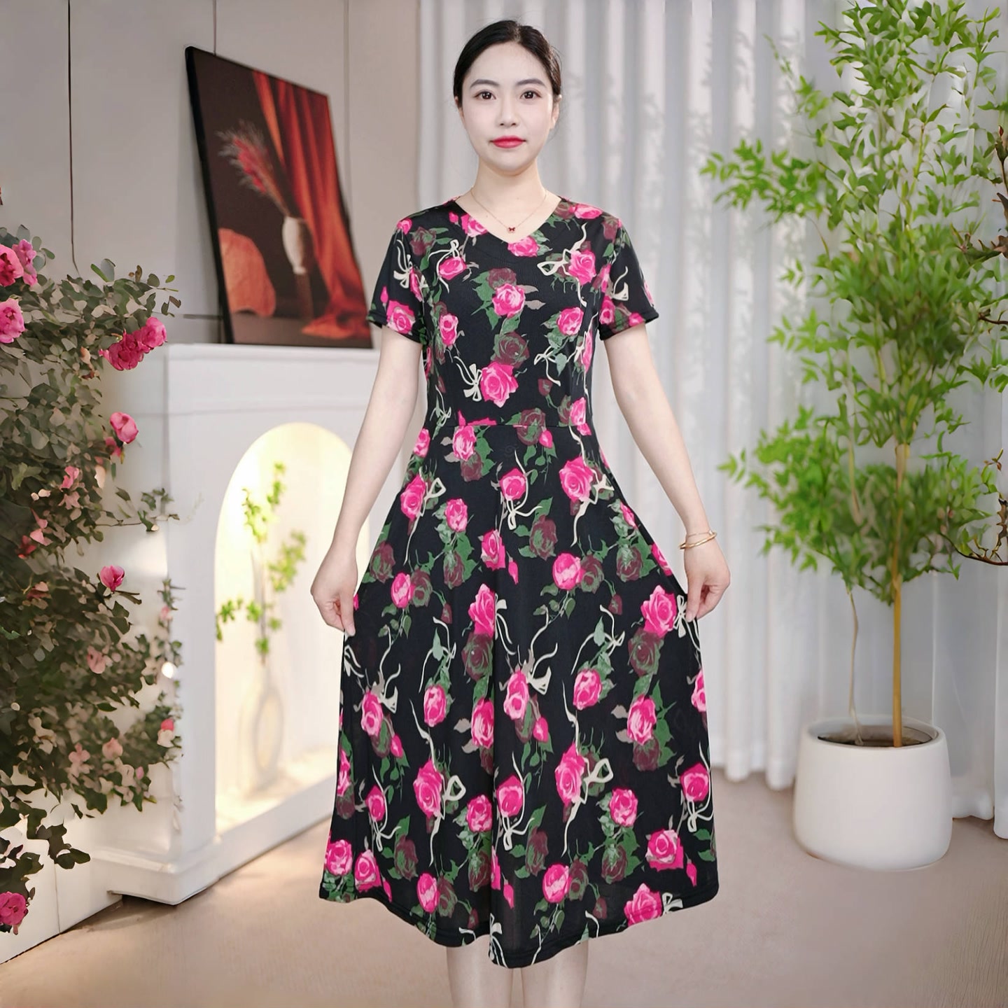 8224夏季新款冰丝弹力段修身显瘦V领短袖连衣裙