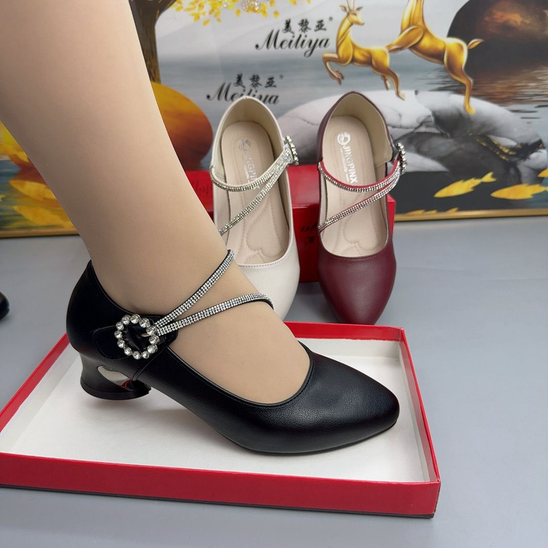 尖头薄款亮钻方跟浅口秋圆头单鞋真皮皮鞋百搭凉鞋高跟舒适鞋子