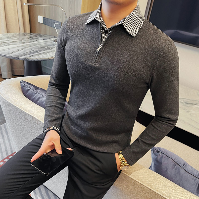 假两件衬衫领长袖t恤男弹力修身打底衫秋冬休闲时尚百搭高级感T恤