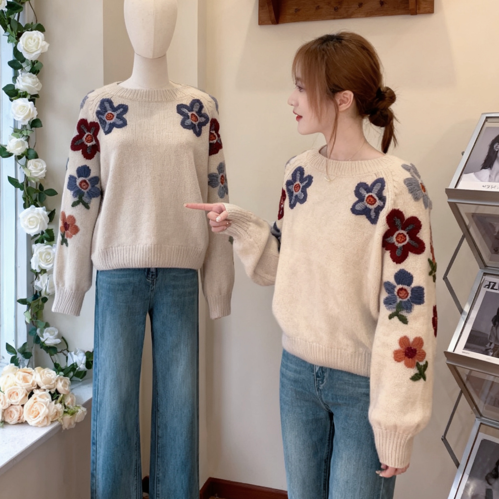 大码设计感别致重工立体刺绣花朵针织衫秋冬胖mm显瘦绝美圆领毛衣