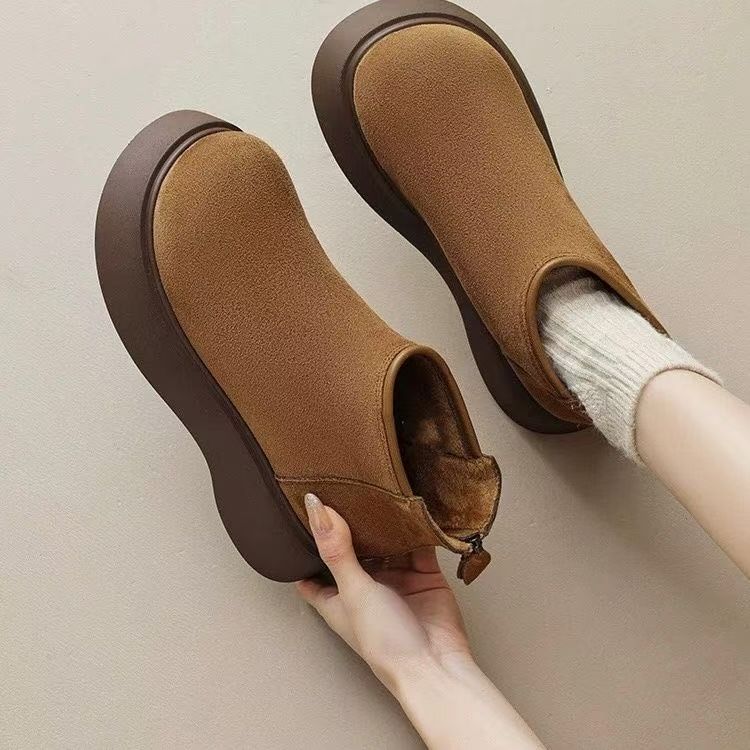 百搭靴子软底后拉链小个子低帮大头加绒勃肯鞋厚底磨砂短靴女冬季