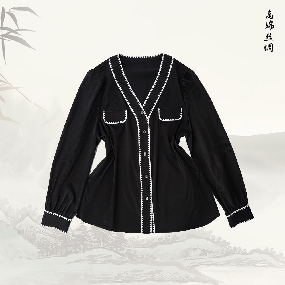 品牌新款桑蚕丝通勤百搭休闲V领排扣衬衣519997