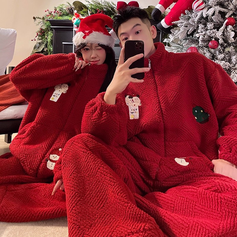 卡通红色喜庆情侣睡衣女冬季珊瑚绒法兰绒男士加厚保暖家居服套装