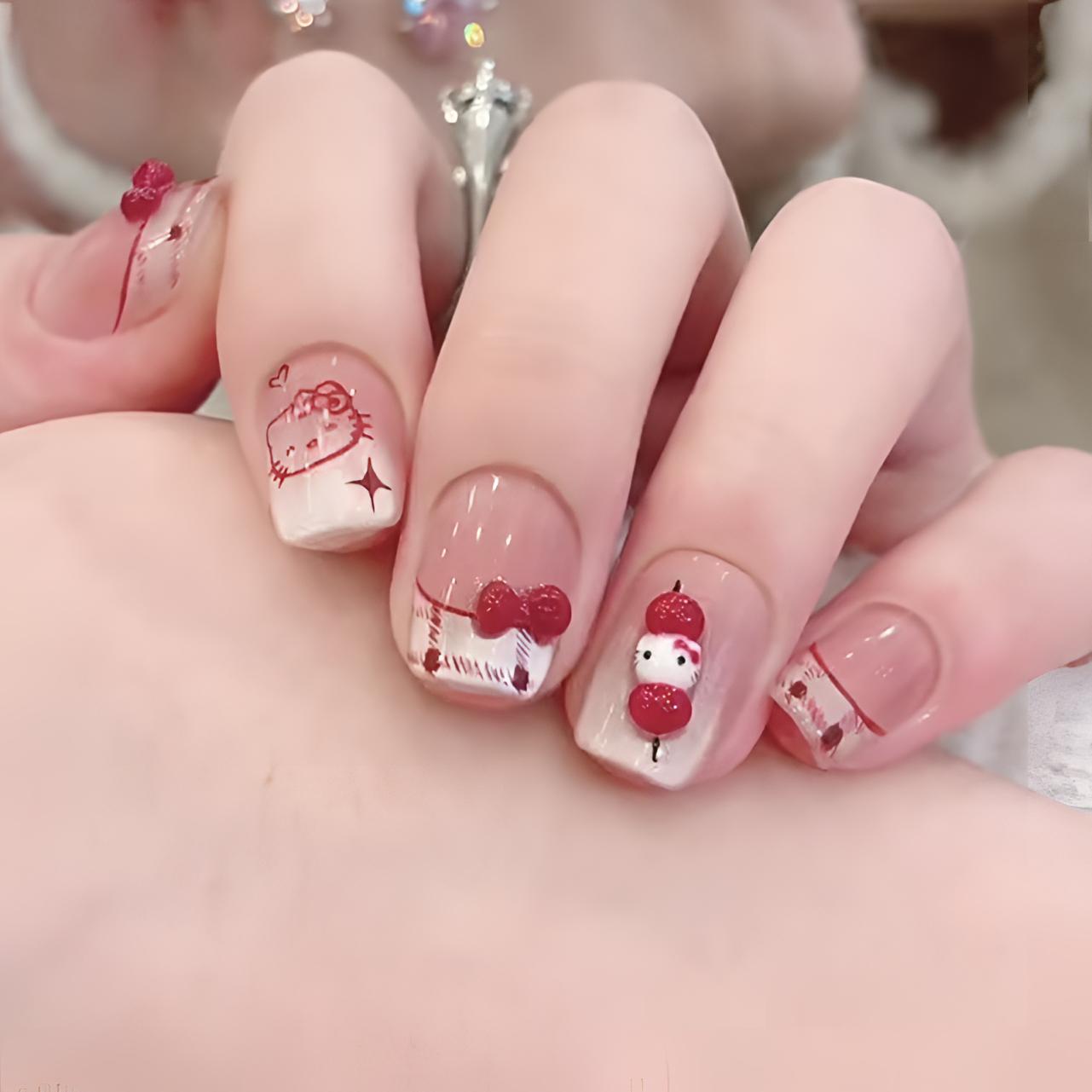 【冰糖葫芦】酒红色法式爆闪爱心Kitty猫眼穿戴甲高级可爱显白美甲