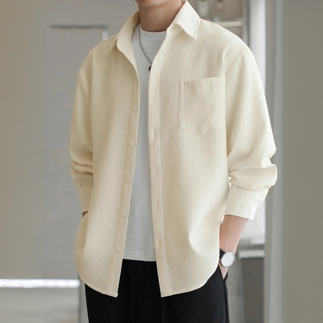 仓石一树男士休闲简约衬衣春秋款纯色百搭舒适华夫格工装长袖衬衫