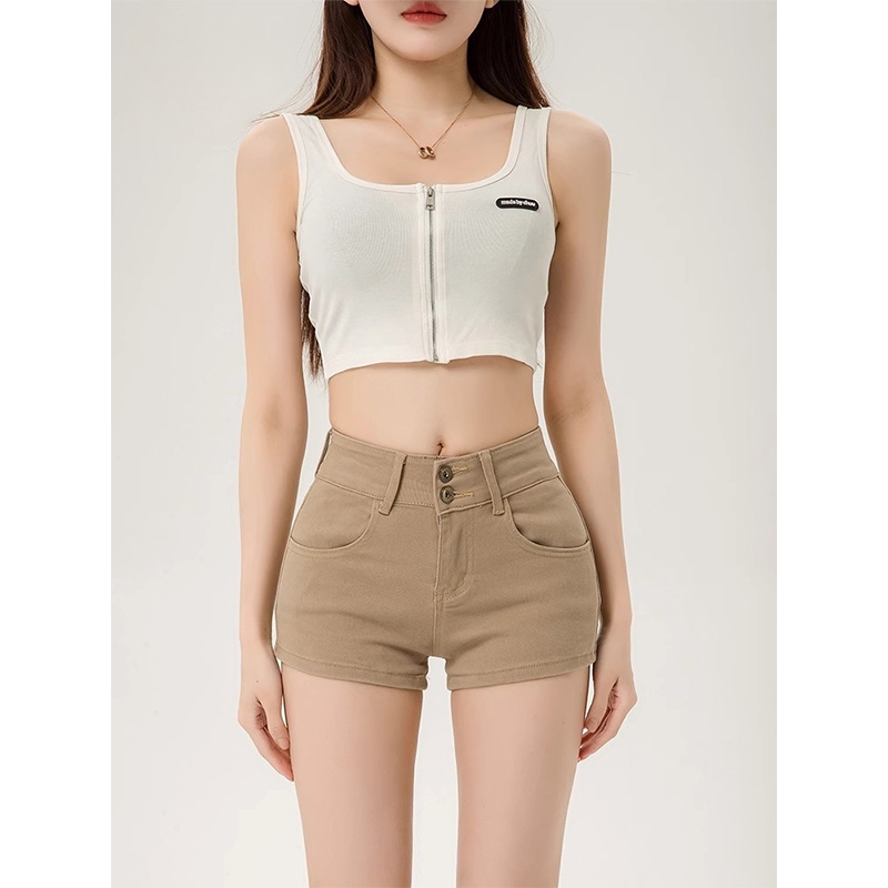 美式复古卡其色双扣牛仔短裤女2025夏季新款高腰显瘦紧身包臀热裤