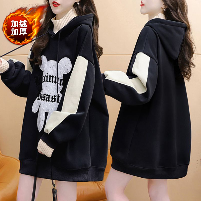 大码胖mm半高领假两件加绒卫衣女秋冬新款韩版宽松百搭中长款上衣