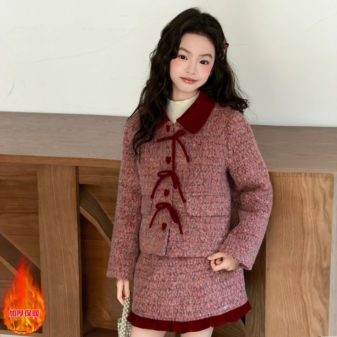 女童套装加厚冬装2025新款儿童新年毛呢法式小香风外套半裙两件套