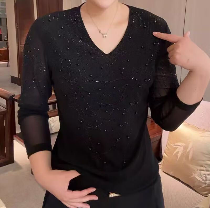 5588大码女装秋季打底衫妈妈显瘦V领上衣宽松长袖弹力网纱百搭t恤