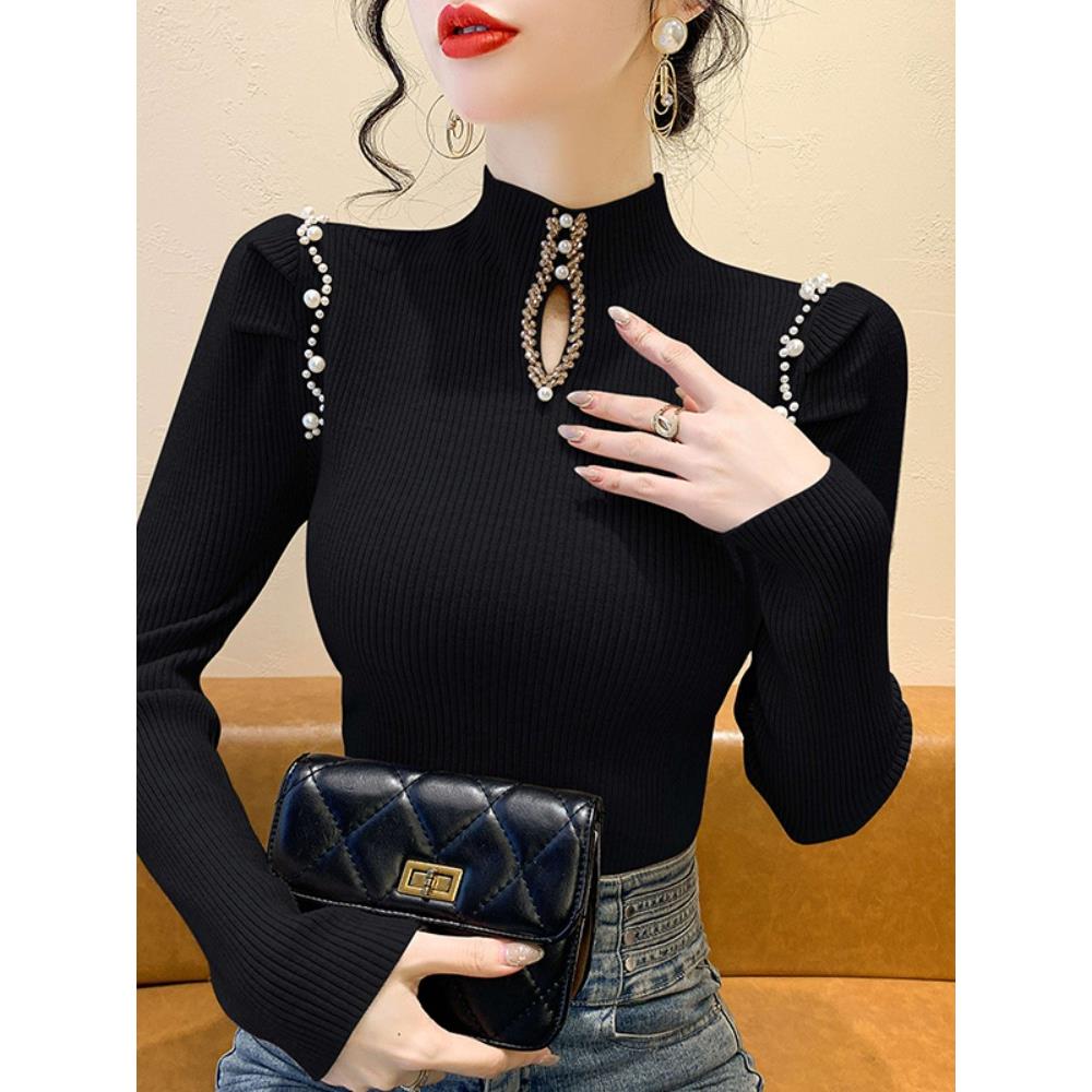 淑女风重工钉珠半高领针织衫女春秋设计感修身内搭高级感毛衣上衣