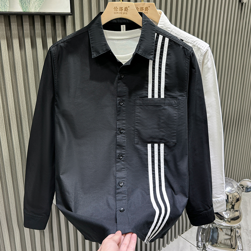 日系条纹拼接长袖衬衫痞帅慵懒风轻奢男装时尚休闲百搭文艺衬衣男