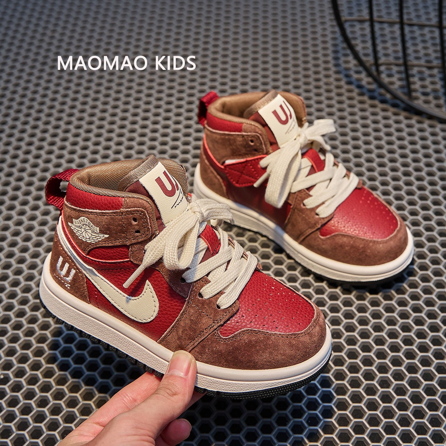 官网AJ童鞋真皮红棕色板鞋儿童2025新款秋冬男童运动鞋女童AJ鞋休