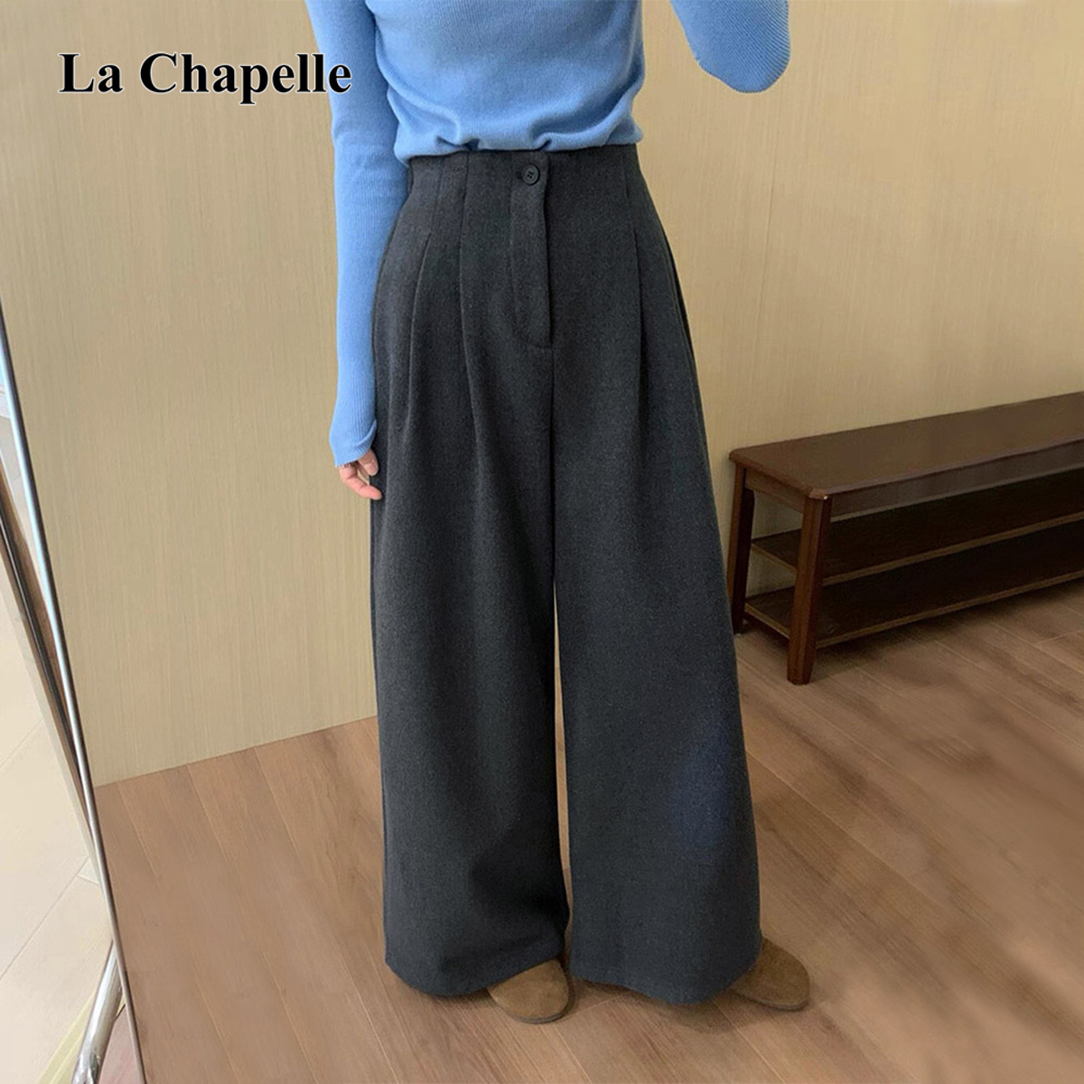 拉夏贝尔韩系加厚毛呢高腰显瘦阔腿休闲裤慵懒风2025秋冬女款长裤