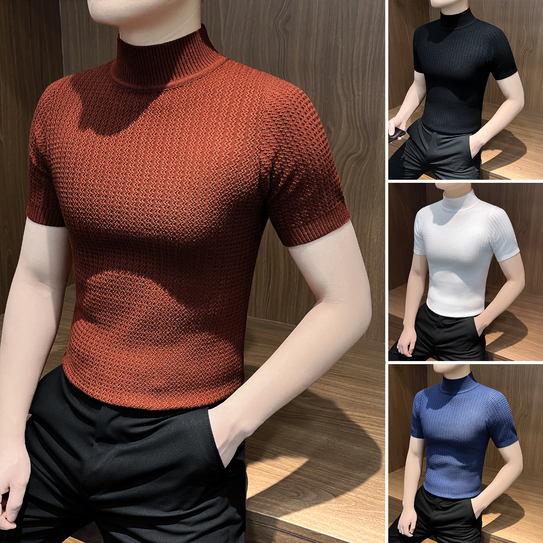 半高领针织短袖T恤男秋季款爆款2025新款毛衣痞帅男装男士打底衫