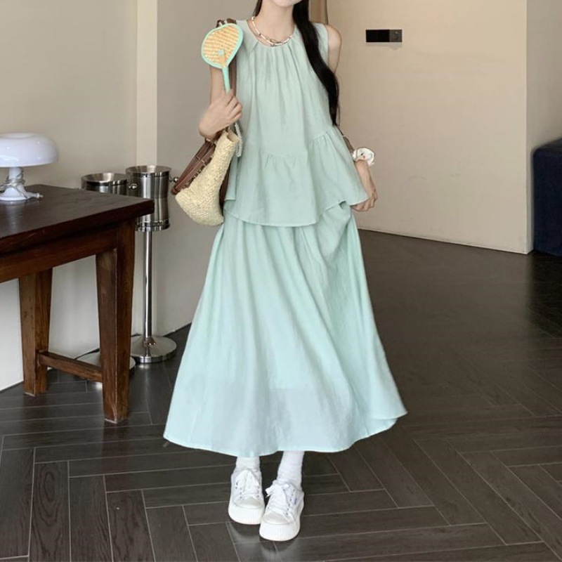 夏季甜美小清新小众学生风显瘦套装女2025年春季薄荷绿韩系风无袖