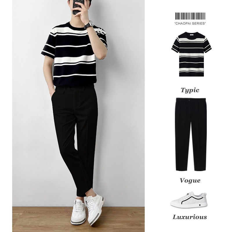 时尚套装男休闲商务早秋短袖长袖针织衫男士休闲西裤条纹毛衣上衣