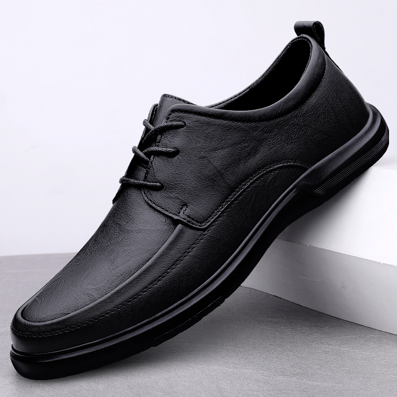 休闲皮鞋男士秋冬软皮舒适纯皮面系带鞋子男高档黑色商务正装男鞋