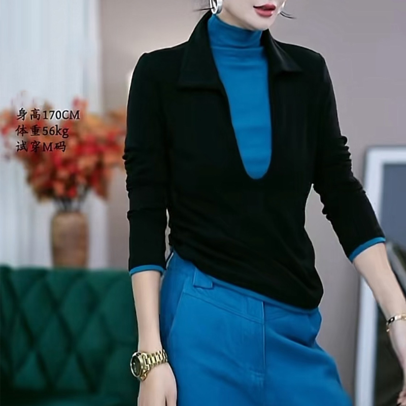 高领撞色拼接假两件长袖T恤女2025秋季新款时尚休闲百搭打底上衣