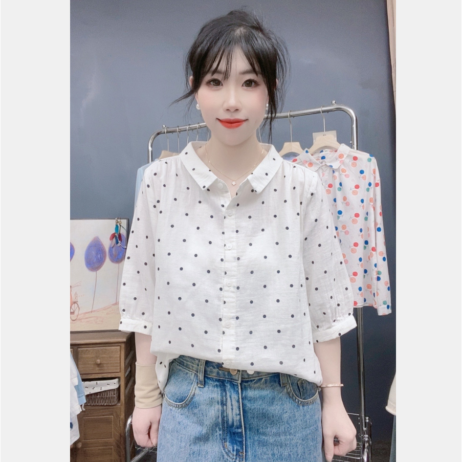 中袖衬衫 文艺小清新刺绣玫瑰花宽松大翻领双层棉纱全棉白衬衫女