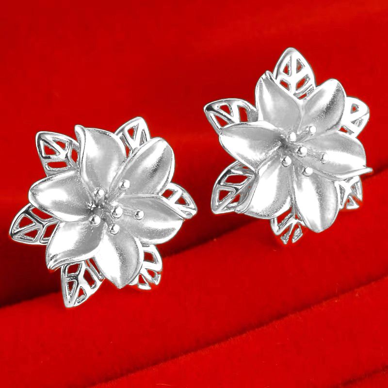 老凤祥款正品S999纯银耳钉植物花卉气质百合花银耳环