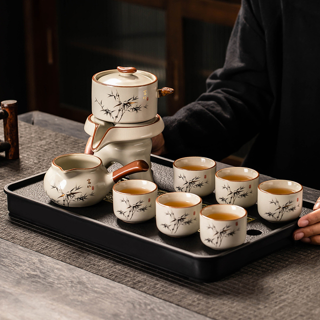 汝窑自动茶具套装2025新款家用防烫石磨泡茶壶办公室懒人泡茶神器