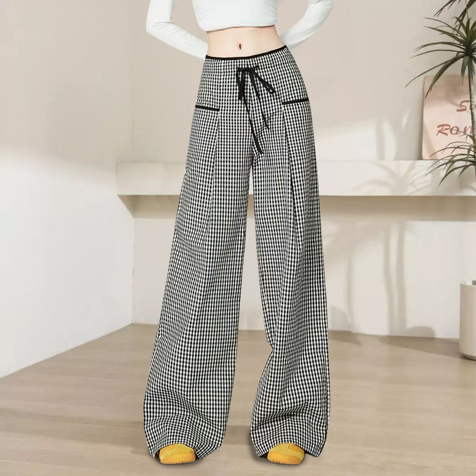 夏季爆款高腰显瘦黑白格纹阔腿裤女2025新款时尚宽松休闲直筒裤女