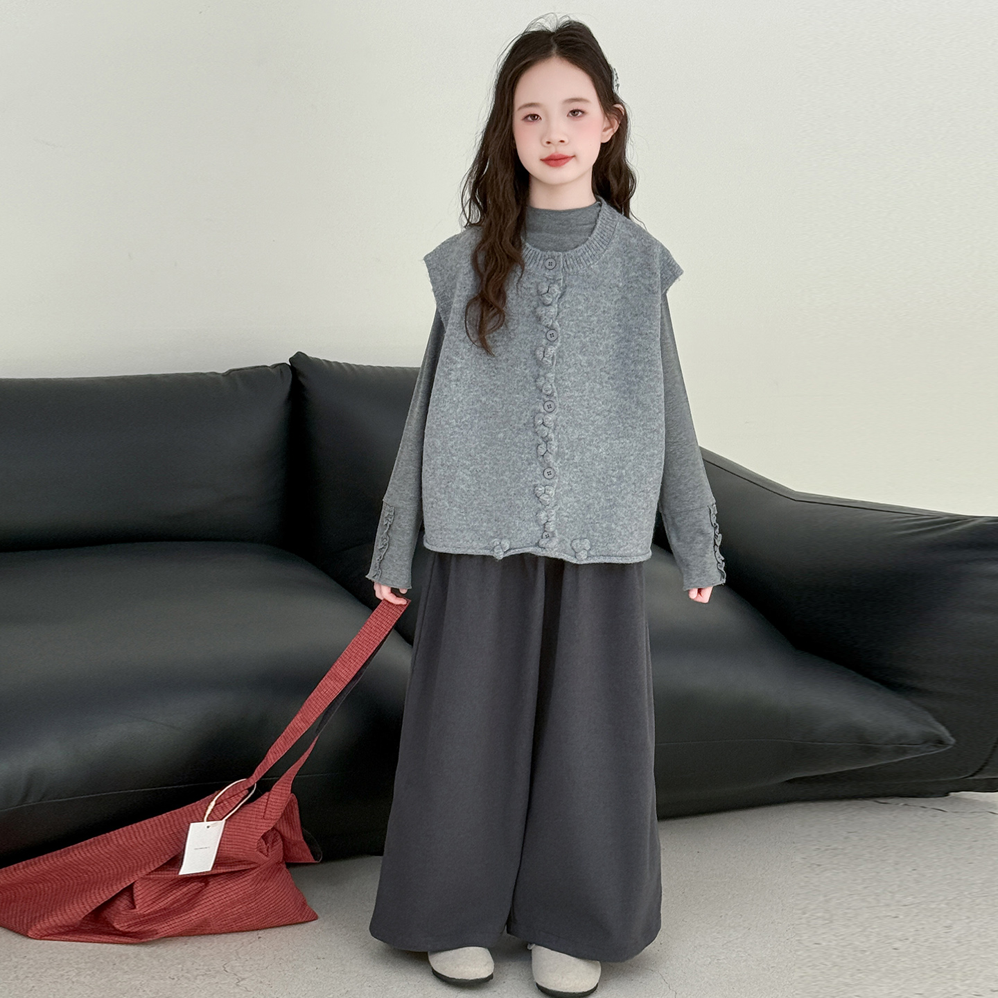 女童秋装马甲套装2025新款女大童秋季韩系打底衫儿童阔腿裤三件套