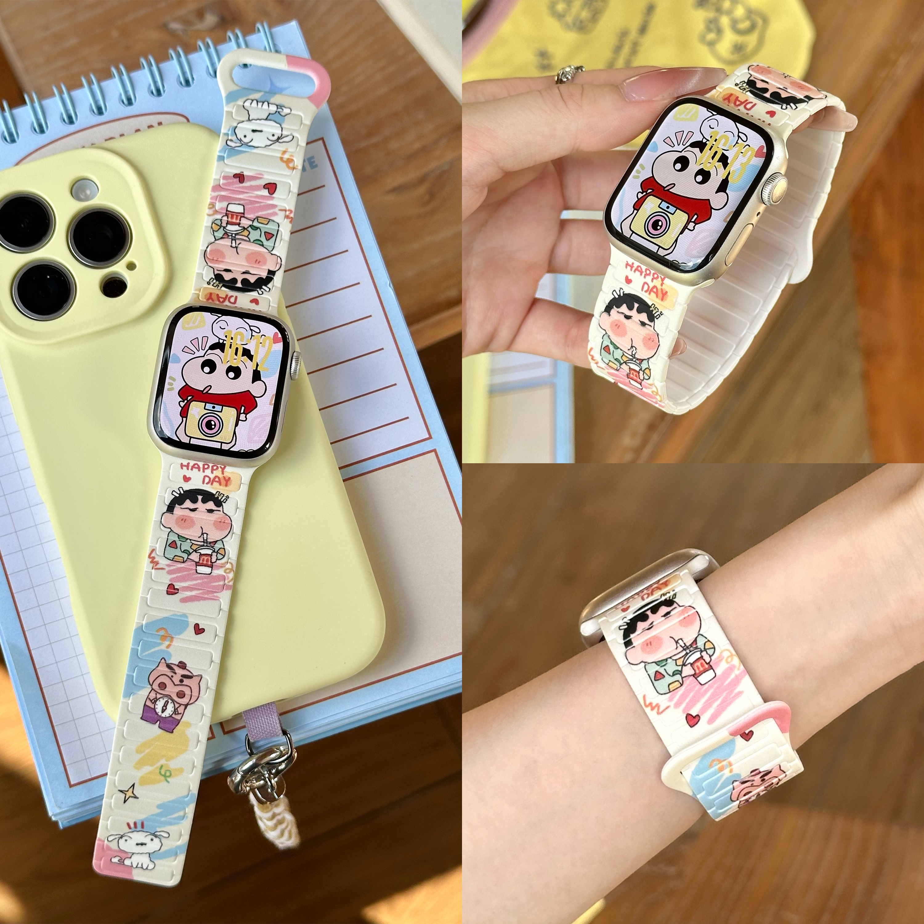 适用iwatch磁吸硅胶表带S10苹果S9手表SE运动8/7/6腕带蜡笔小新女