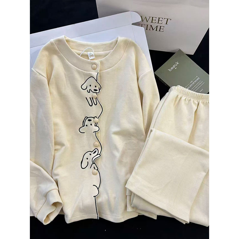 趣味设计感卡通小狗加厚蚕丝羊绒长袖睡衣女2025秋冬款可爱家居服