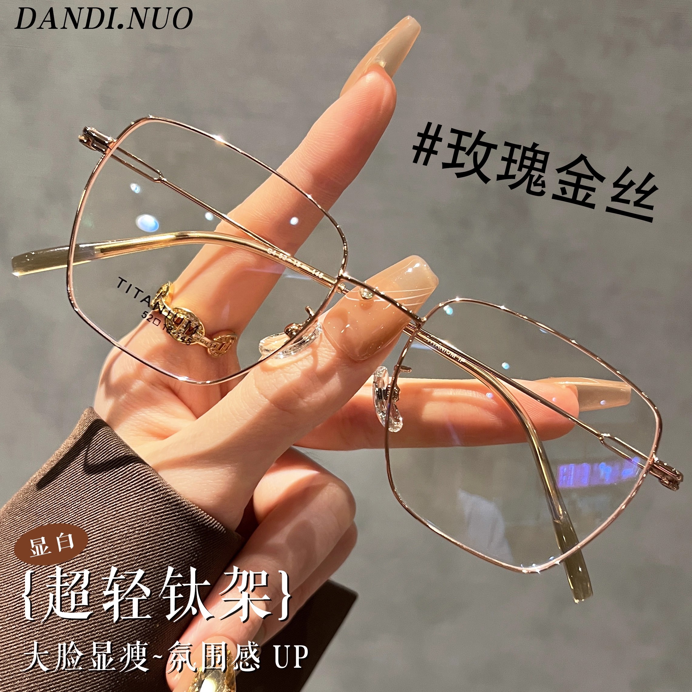 纯钛超轻金丝边大框眼镜女近视可配有度数高级感素颜显脸小平光镜