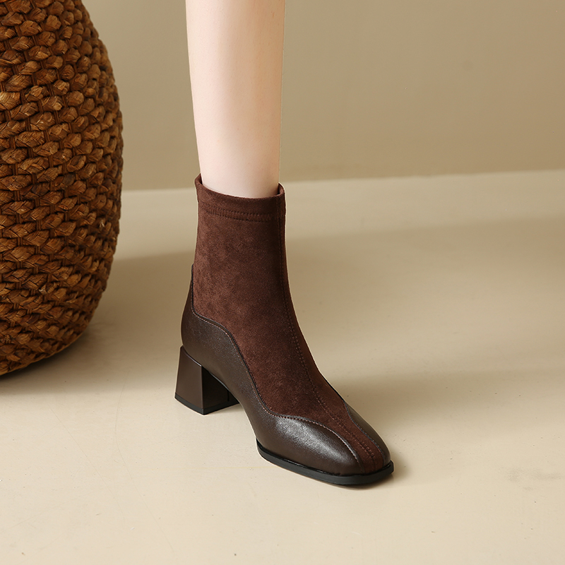 法式方头高跟短靴女复古绒面拼接秋冬粗跟马丁靴弹力瘦瘦靴子