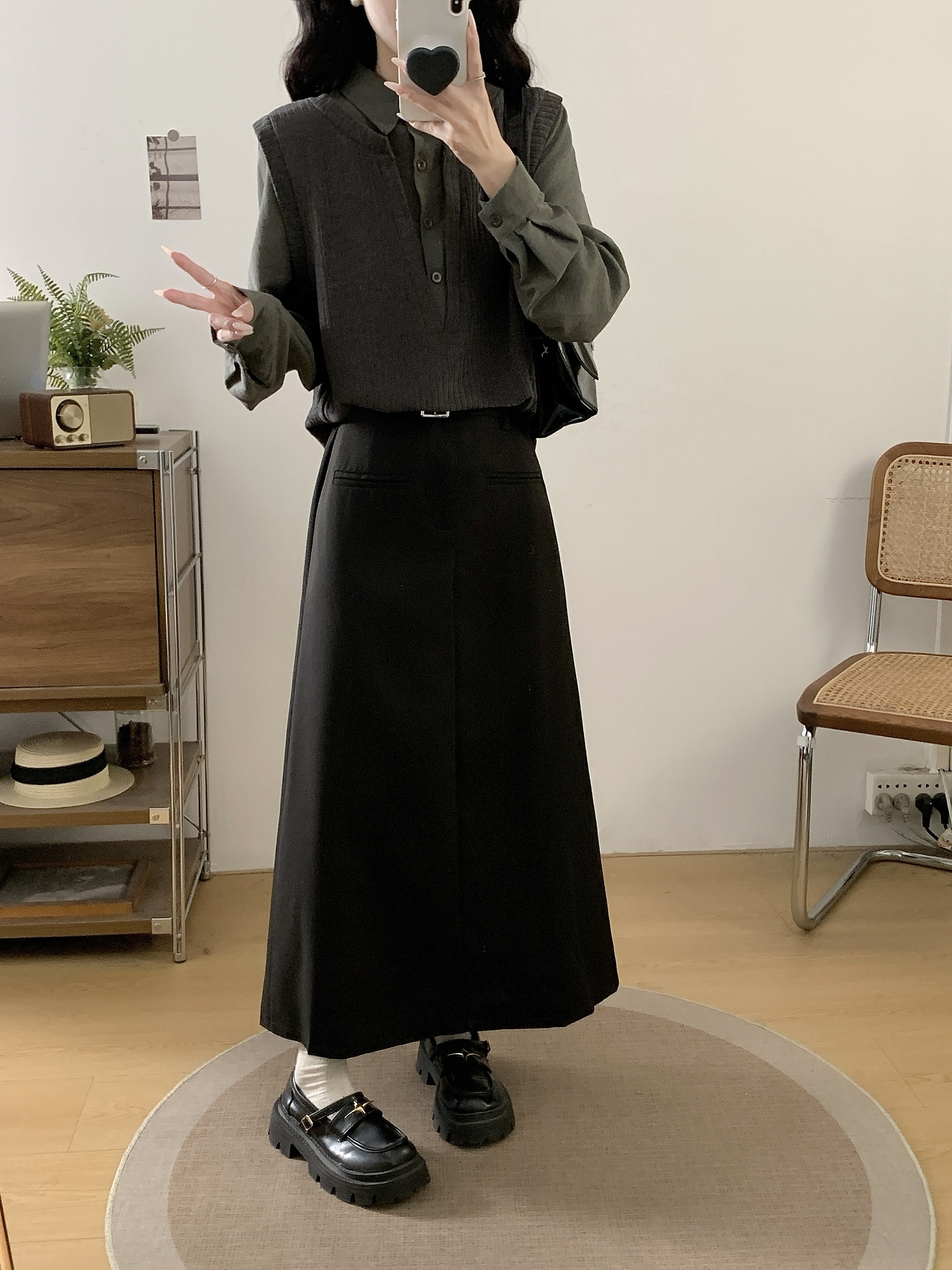 大码女装高级感套装秋季假两件针织上衣胖MM显瘦半身裙两件