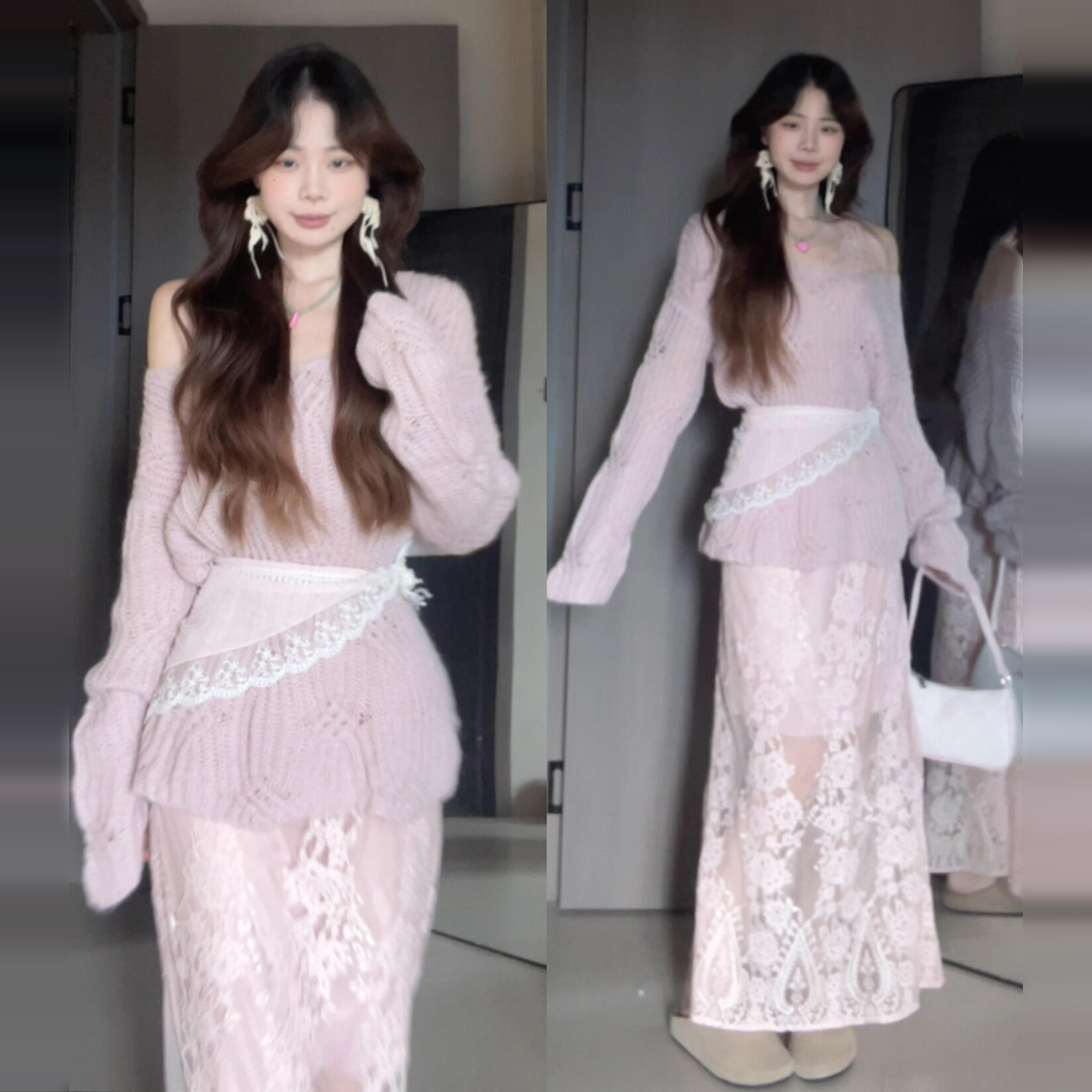 2025新款法式粉色斜肩针织连衣裙子女早秋季蕾丝拼接半身长裙套装