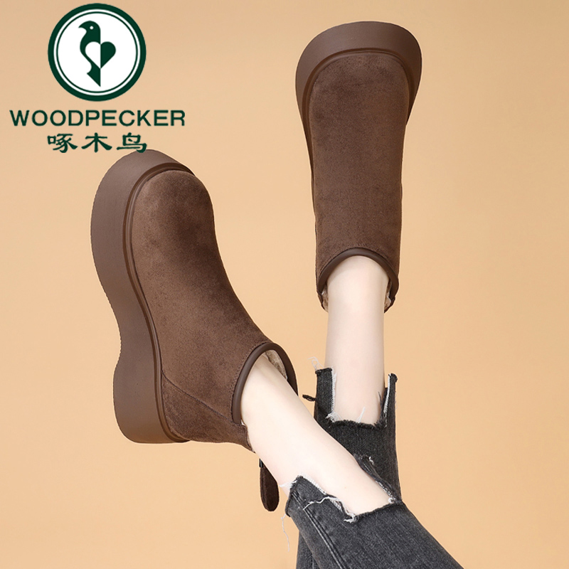 啄木鸟厚底磨砂短靴女冬季款马丁靴软底小个子低帮加绒勃肯鞋棉鞋