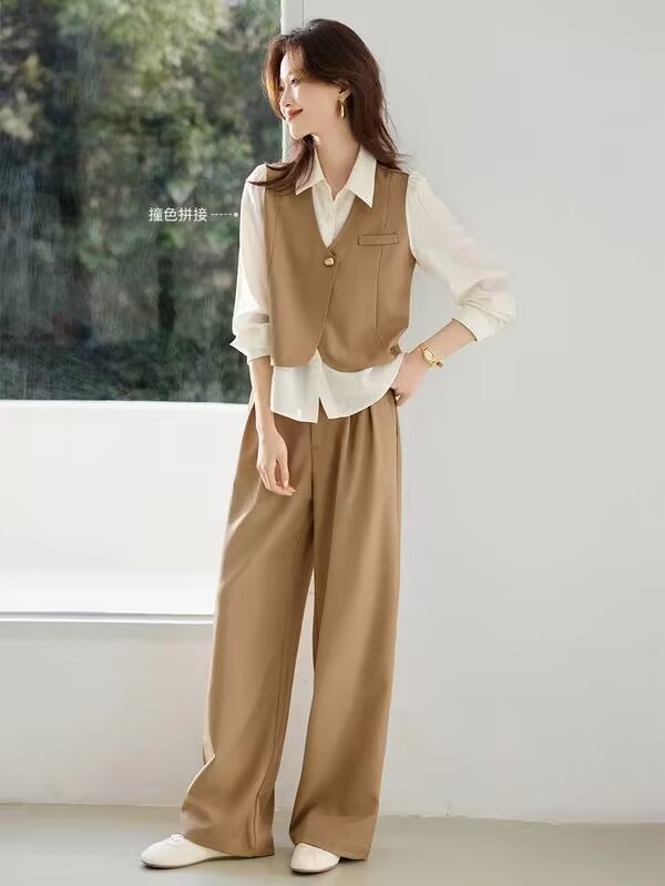 假两件马甲阔腿裤通勤穿搭一整套2025新款法式时尚高级感套装