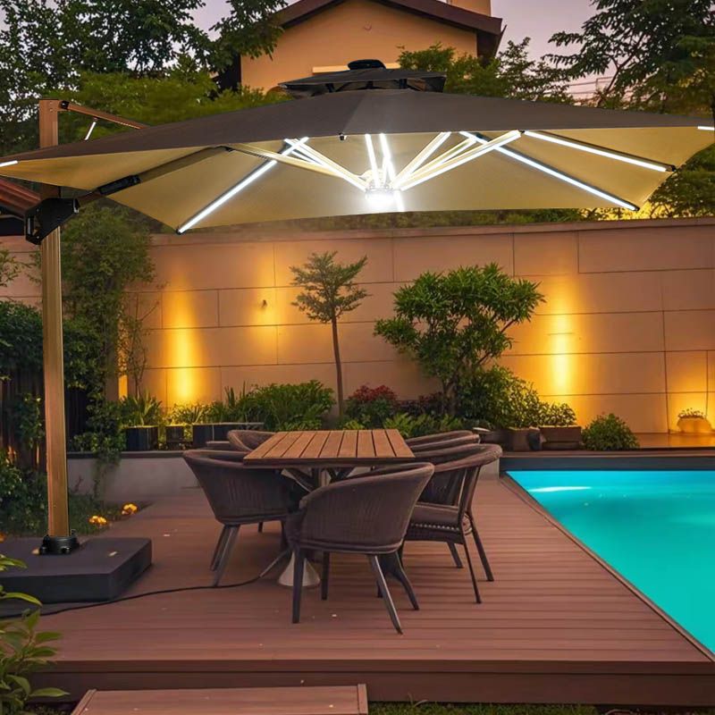 户外庭院遮阳伞太阳能LED灯别墅花园露台摆摊室外罗马伞液压开伞