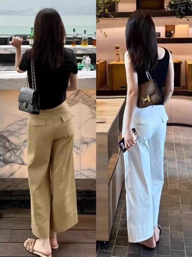 卡其色高腰直筒阔腿休闲裤女夏季新款显瘦梨形身材小个子九分裤